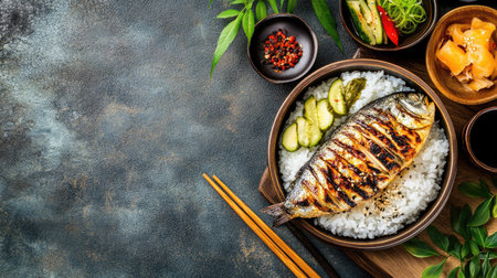 Top view of a traditional Japanese breakfast with grilled fish, rice, and pickles, with space for text.の素材