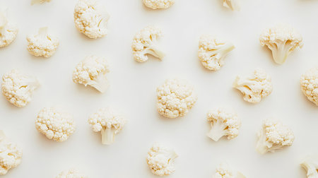 Top view of freshly cut cauliflower florets arranged on a white background with plenty of space for text.の素材