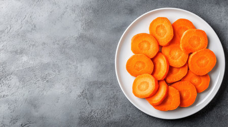 Top view of freshly sliced carrots arranged in a circular pattern on a white plate with plenty of space for text.の素材