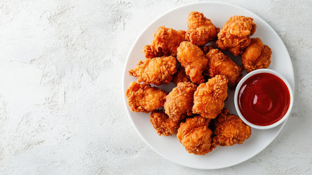 Crispy fried chicken pieces on a white plate with a side of hot sauce. Space for text at the top.の素材