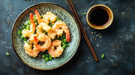 Top view of freshly made tempura shrimp and vegetables on a ceramic plate with soy sauce on the side, leaving space for copy.の素材