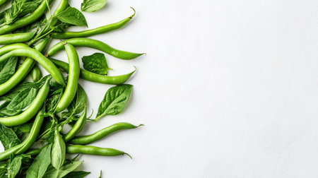 Top view of vibrant green beans arranged neatly on a white surface, with plenty of space for copy.の素材
