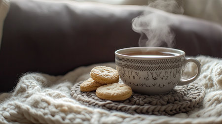 A cozy tea set with a knitted coaster, steam rising from the teacup, and biscuits on the side. Copy space above.の素材