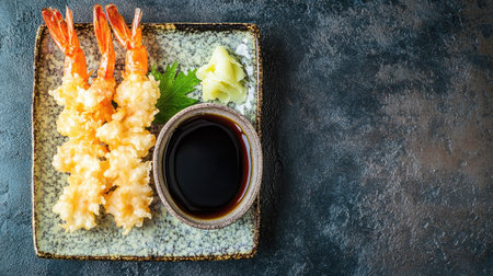 Top view of freshly made tempura shrimp and vegetables on a ceramic plate with soy sauce on the side, leaving space for copy.の素材