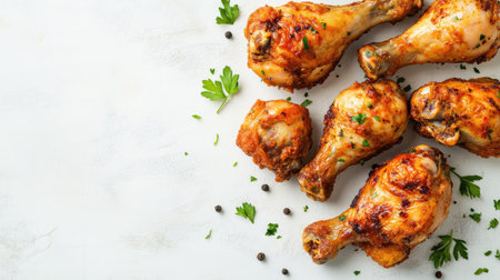 A close-up of fried chicken drumsticks on a white background with herbs scattered. Copy space available.の素材