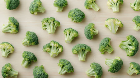 Top view of vibrant green broccoli florets spread out on a light wooden surface, leaving plenty of room for copy.の素材