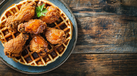 A top view of fried chicken and waffles with syrup drizzled over, placed on a rustic table. Copy space on the side.の素材