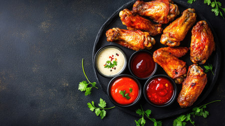 Fried chicken wings with a variety of dipping sauces on a black background, viewed from above. Ample copy space.の素材