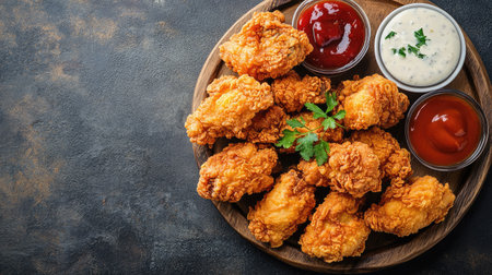 A top view of crispy fried chicken pieces on a wooden platter with dipping sauces. Copy space on the side.の素材