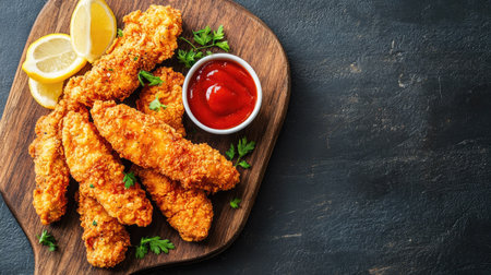 Fried chicken tenders on a wooden board with dipping sauce and lemon wedges. Copy space on the top side.の素材