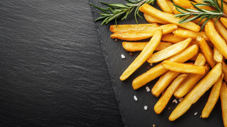 A pile of golden French fries on a black slate with sprigs of rosemary. Copy space on the left.の素材