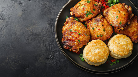 Fried chicken thighs with a side of biscuits on a plate, viewed from above. Copy space on the bottom.の素材