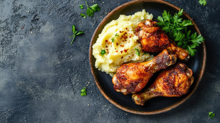 Fried chicken drumsticks with a side of mashed potatoes on a rustic plate, viewed from above. Space for text on the left.の素材