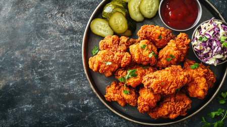 Crispy fried chicken pieces on a metal tray with coleslaw and pickles, top view. Ample copy space on the right.の素材