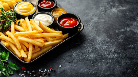 A top view of French fries on a tray with dipping sauces around. Space for text on the right.の素材