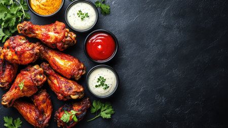 Fried chicken wings with a variety of dipping sauces on a black background, viewed from above. Ample copy space.の素材