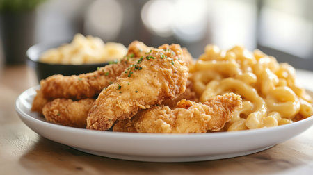 Fried chicken tenders with a side of mac and cheese, placed on a white plate. Copy space around.の素材