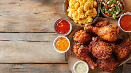 Southern-style fried chicken on a picnic table with sides and condiments. Ample copy space at the top.の素材