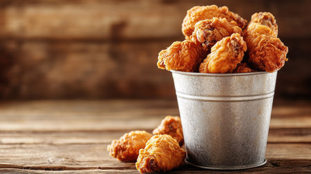A bucket of fried chicken with pieces spilling out onto a rustic table, with space for text on the left.の素材