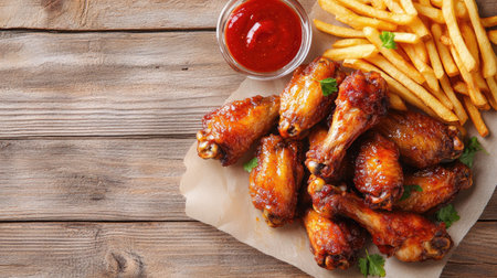 Spicy fried chicken wings with a side of fries, placed on parchment paper. Copy space available on the side.の素材