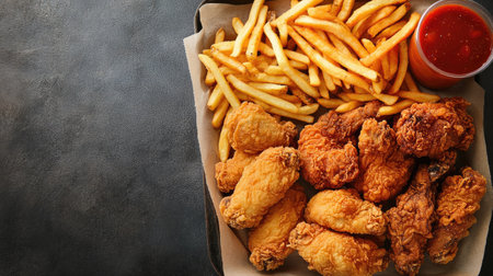 A variety of fried chicken pieces on a tray with fries and a drink, viewed from above. Copy space on the side.の素材