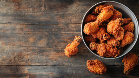 A bucket of fried chicken with pieces spilling out onto a rustic table, with space for text on the left.の素材