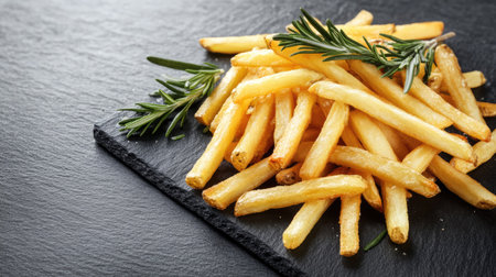 A pile of golden French fries on a black slate with sprigs of rosemary. Copy space on the left.の素材