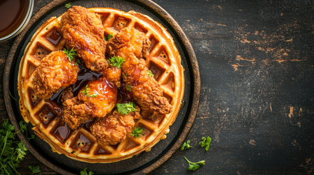 A top view of fried chicken and waffles with syrup drizzled over, placed on a rustic table. Copy space on the side.の素材