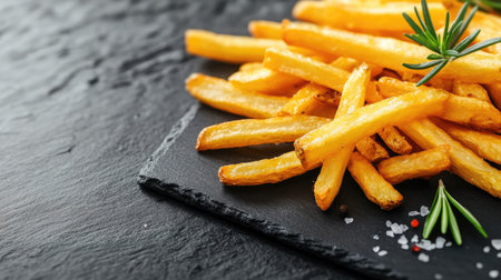 A pile of golden French fries on a black slate with sprigs of rosemary. Copy space on the left.の素材