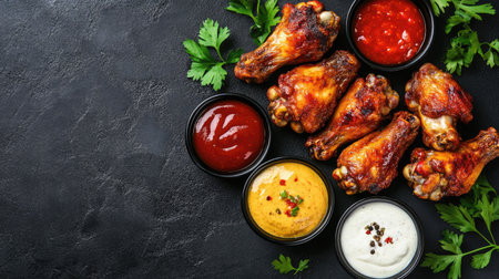 Fried chicken wings with a variety of dipping sauces on a black background, viewed from above. Ample copy space.の素材
