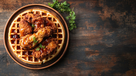 A top view of fried chicken and waffles with syrup drizzled over, placed on a rustic table. Copy space on the side.の素材