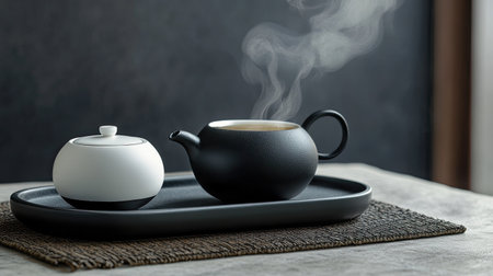 Black and white tea set with modern design, placed on a textured surface, with steam rising and copy space availableの素材