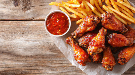 Spicy fried chicken wings with a side of fries, placed on parchment paper. Copy space available on the side.の素材