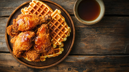 A top view of fried chicken and waffles with syrup drizzled over, placed on a rustic table. Copy space on the side.の素材