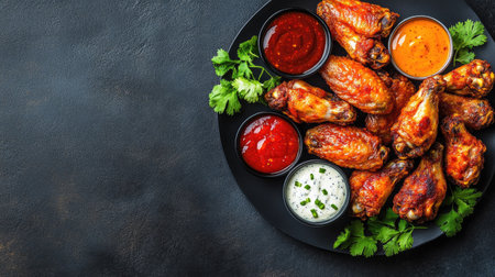 Fried chicken wings with a variety of dipping sauces on a black background, viewed from above. Ample copy space.の素材