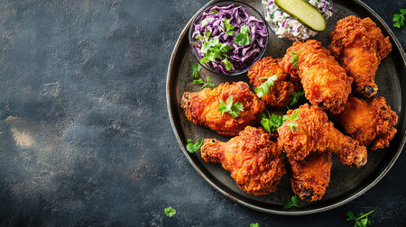 Crispy fried chicken pieces on a metal tray with coleslaw and pickles, top view. Ample copy space on the right.の素材