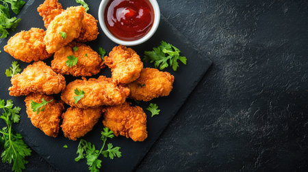 Golden fried chicken nuggets on a black slate with dipping sauce, top view. Copy space on the top side.の素材