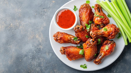 Spicy fried chicken wings on a white plate with celery sticks and dipping sauce, top view. Copy space around.の素材