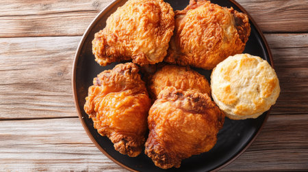 Fried chicken thighs with a side of biscuits on a plate, viewed from above. Copy space on the bottom.の素材