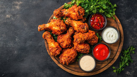 A top view of crispy fried chicken pieces on a wooden platter with dipping sauces. Copy space on the side.の素材