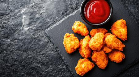 Golden fried chicken nuggets on a black slate with dipping sauce, top view. Copy space on the top side.の素材