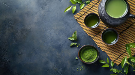 Japanese tea set with matcha, teapot, and bowls on a bamboo mat, top view. Copy space on the right.の素材