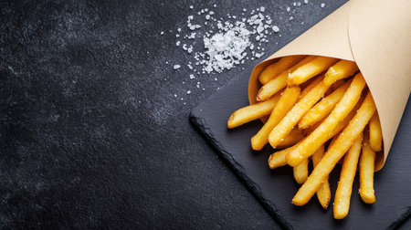 Golden French fries in a paper cone, placed on a slate board with salt sprinkled around. Copy space to the side.の素材