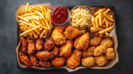 A variety of fried chicken pieces on a tray with fries and a drink, viewed from above. Copy space on the side.の素材