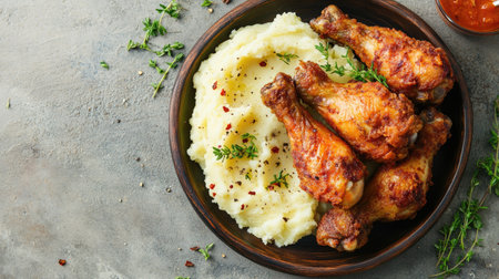 Fried chicken drumsticks with a side of mashed potatoes on a rustic plate, viewed from above. Space for text on the left.の素材