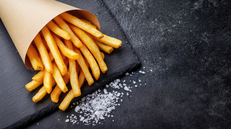 Golden French fries in a paper cone, placed on a slate board with salt sprinkled around. Copy space to the side.の素材
