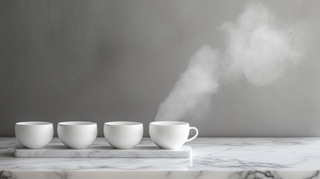 Minimalist white tea set with steam rising from the cups, placed on a marble surface. Copy space on the side.の素材