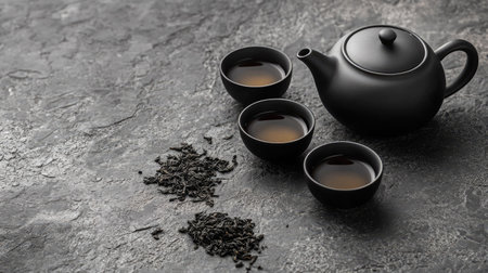 Modern tea set with black teapot and cups on a grey stone surface. Loose tea leaves scattered, with space for text.の素材