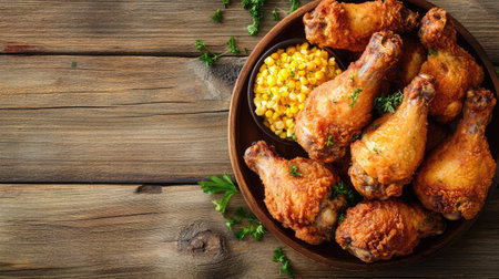 Fried chicken drumsticks with a side of cornbread, placed on a wooden table. Copy space to the left.の素材