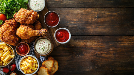 Southern-style fried chicken on a picnic table with sides and condiments. Ample copy space at the top.の素材